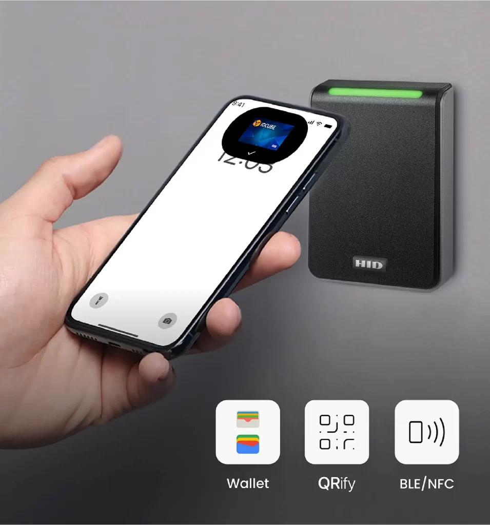 IDCUBE GreenID mobile access control with Apple Wallet, Google Wallet, QR code and BLE/NFC smartphone credential