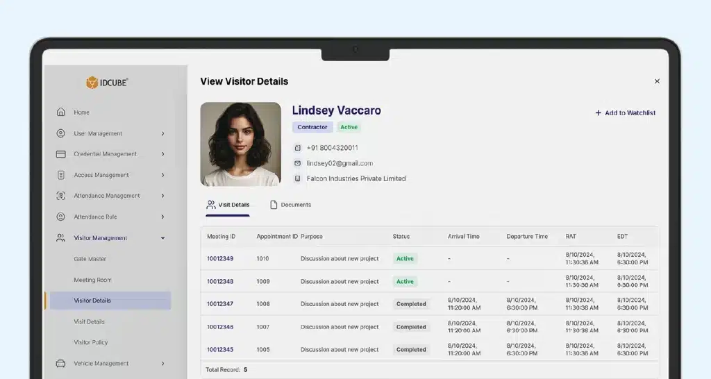 Visitor management software interface